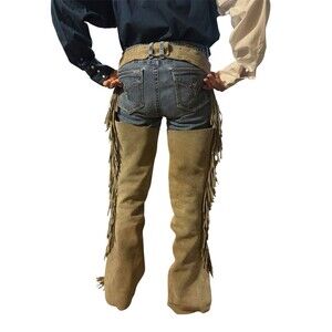 Vintage Talon Adult Grey Suede Leather Chaps W/ Fringe Model 5’5 125 Lbs